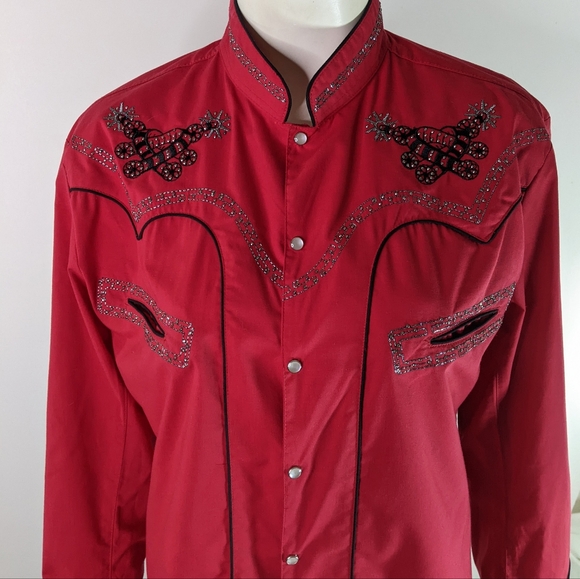 Unisex Red Western Pearl Snap Embellished Shirt Small Southwestern - Picture 9 of 11